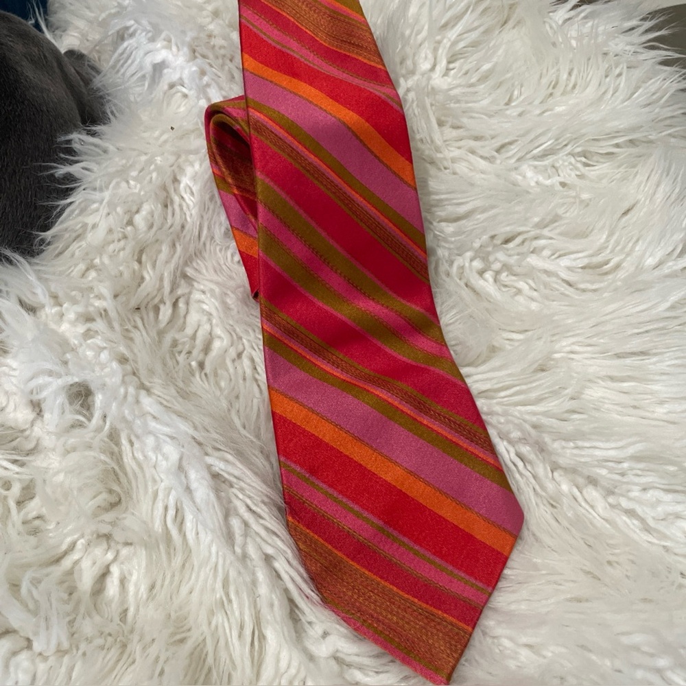 Vintage Mens Necktie Red Pink Stripe Print 60s 70s Hawaiian Graphic